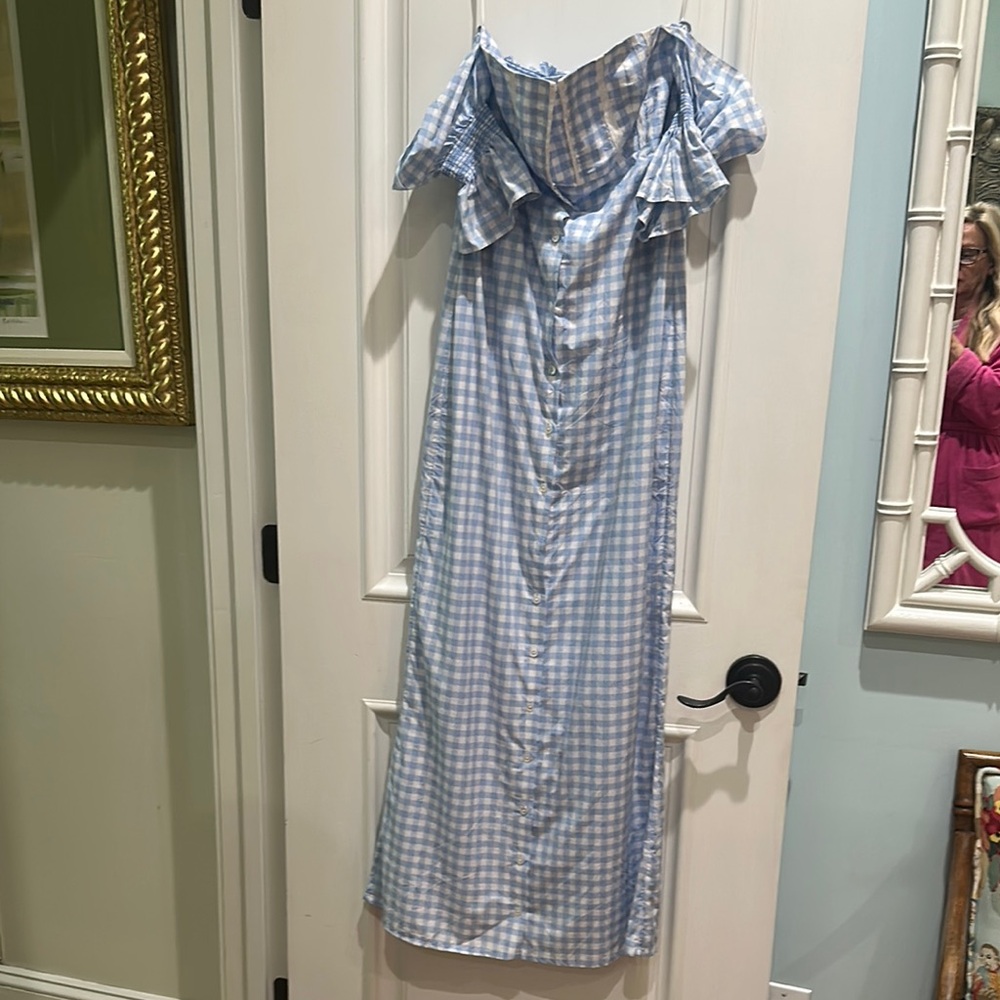 Blue Gingham Off-Shoulder Dress